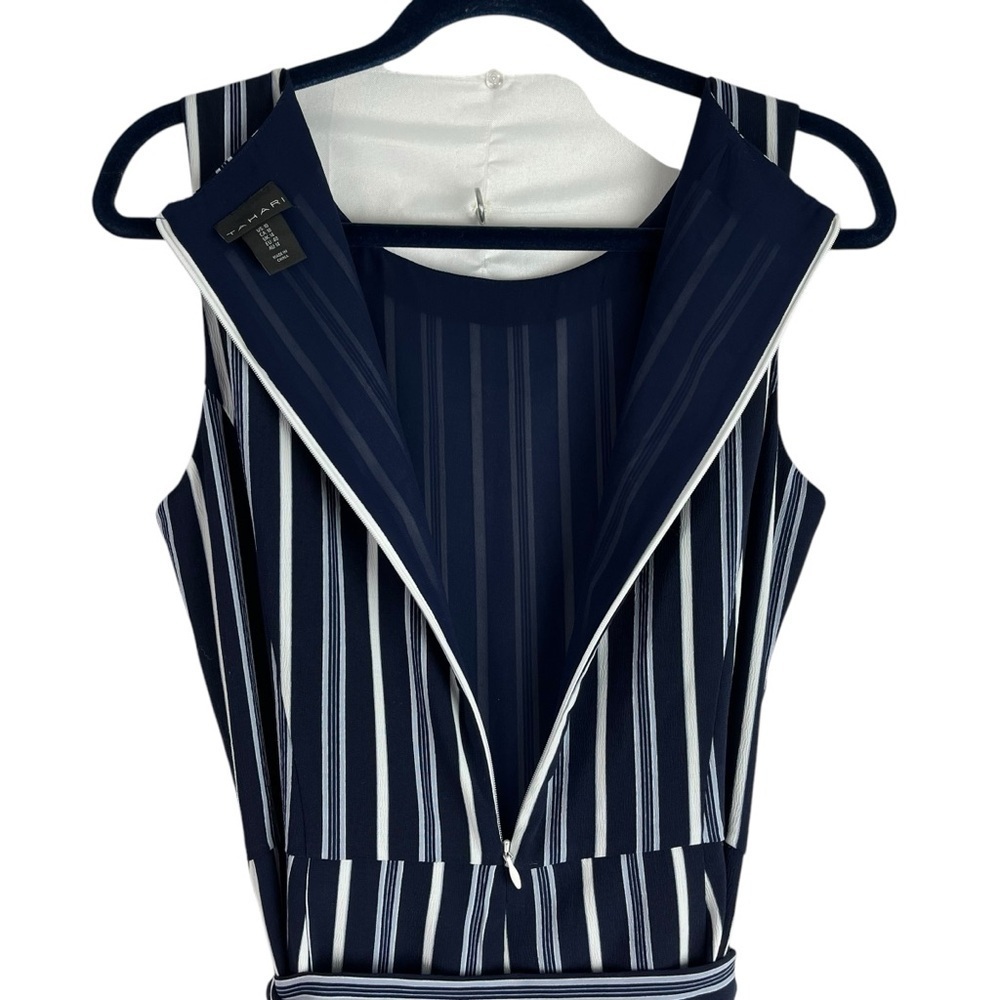 Tahari Womens Lined Wide Leg Jumpsuit Belted Romper Blue White Stripe Stretch 10 - Picture 7 of 11